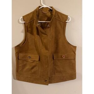 Chicos Faux Suede Utility Vest Brown Gold Toggle Pockets Size 2 Large